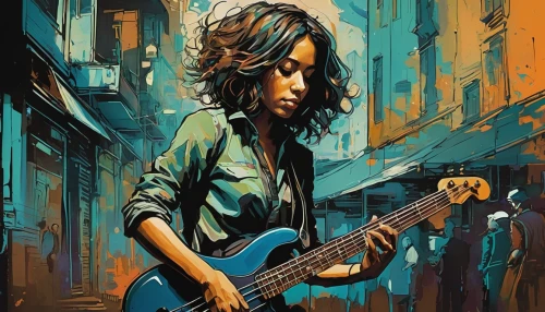 guitar player,woman playing,painted guitar,street musician,musician,bass guitar,bassist,painting technique,jazz guitarist,guitarist,jazz bass,transistor,oil painting on canvas,bass,electric bass,guitar solo,guitar,ibanez,hanoi,electric guitar,Illustration,Realistic Fantasy,Realistic Fantasy 23
