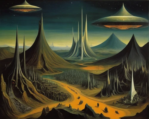 alien world,mushroom landscape,alien planet,futuristic landscape,alien invasion,extraterrestrial life,ufos,science fiction,science-fiction,planet alien sky,binary system,meridians,atomic age,compans-cafarelli,aliens,cosmonautics day,terraforming,asteroids,mushroom island,volcanic landscape,Illustration,Abstract Fantasy,Abstract Fantasy 16