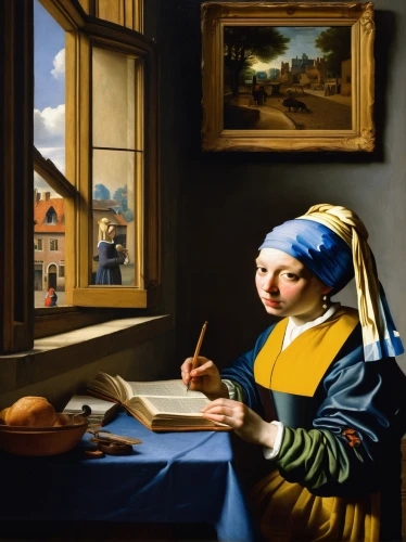meticulous painting,woman drinking coffee,girl studying,woman holding pie,woman eating apple,girl with a pearl earring,woman playing,girl with bread-and-butter,praying woman,painting technique,woman praying,child with a book,portrait of christi,woman sitting,italian painter,the annunciation,woman holding a smartphone,woman at cafe,table artist,blonde woman reading a newspaper,Art,Classical Oil Painting,Classical Oil Painting 07