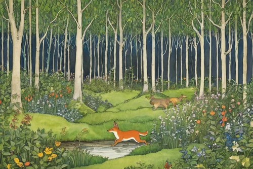 woodland animals,fox and hare,forest animals,hare trail,forest glade,deer illustration,meadow and forest,forest landscape,hunting scene,brook landscape,hare field,forest animal,woodland,garden-fox tail,the forest,pere davids deer,forest background,young-deer,foxes,birch forest,Illustration,Realistic Fantasy,Realistic Fantasy 31