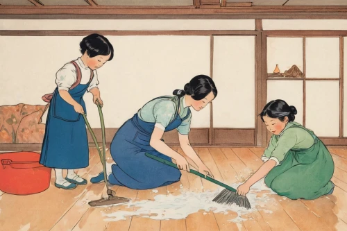 housework,together cleaning the house,cleaning woman,cleaning service,housekeeping,housekeeper,shishamo,cleaning,household cleaning supply,japanese culture,sweeping,cool woodblock images,meticulous painting,japanese art,chores,korean culture,soap making,woodblock prints,junshan yinzhen,workers,Illustration,Japanese style,Japanese Style 21