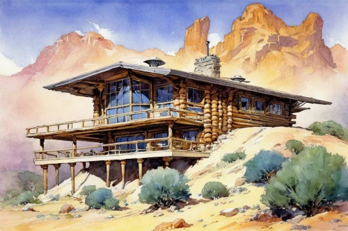 house in the mountains,house in mountains,dunes house,wild west hotel,the cabin in the mountains,mountain hut,log home,cliff dwelling,log cabin,home landscape,wooden house,clay house,timber house,holiday home,desert landscape,chalet,mesquite flats,mountain station,mountain huts,alpine hut,Illustration,Paper based,Paper Based 23