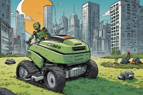 lawn mower robot,e-scooter,post apocalyptic,vespa,land vehicle,electric scooter,mobility scooter,lawnmower,moon rover,bolt-004,patrol,atv,motor scooter,post-apocalypse,sci fiction illustration,scooter riding,scooter,green waste,tractor,scooters,Illustration,American Style,American Style 13