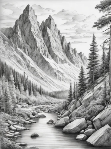 mountain scene,river landscape,mountain landscape,salt meadow landscape,mountain river,landscape background,mountainous landscape,pencil drawings,natural landscape,pencil drawing,mountain stream,nature landscape,mountain lake,charcoal drawing,mountains,mountain range,high landscape,landscapes,mountain ranges,dove lake,Illustration,Black and White,Black and White 30