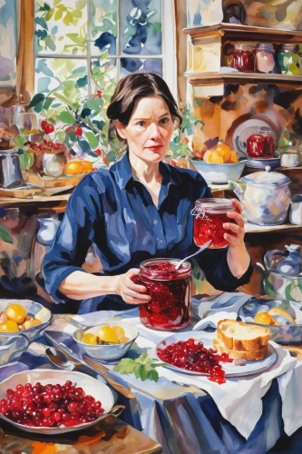 woman holding pie,woman drinking coffee,girl with cereal bowl,girl in the kitchen,woman at cafe,cream tea,red tablecloth,woman eating apple,meticulous painting,oil painting,pouring tea,cherries in a bowl,chinaware,dinner-plate magnolia,self-portrait,lingonberry jam,still life with jam and pancakes,tea party collection,placemat,breakfast table,Conceptual Art,Oil color,Oil Color 18
