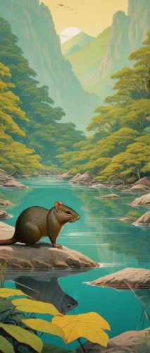 giant otter,platypus,european water shrew,north american river otter,dwarf mongoose,american mink,steller sea lion,anthropomorphized animals,otters,nutria,otter,gold agouti,otter baby,mammals,sea lion,beaver rat,swampy landscape,beaver,alpine marmot,galapagos,Illustration,Japanese style,Japanese Style 21