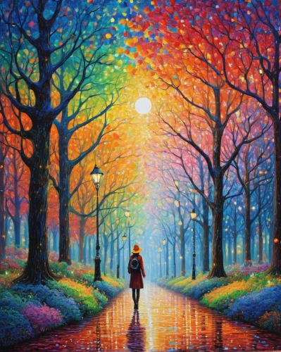 oil painting on canvas,woman walking,girl with tree,girl walking away,art painting,autumn landscape,romantic scene,autumn background,oil painting,colorful background,autumn walk,landscape background,pathway,colorful light,painting technique,walk in a park,forest landscape,loving couple sunrise,forest of dreams,oil on canvas,Conceptual Art,Daily,Daily 31