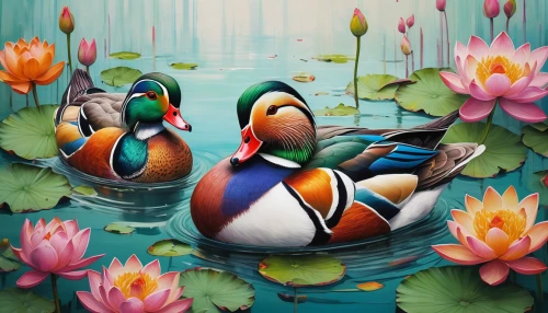 mandarin ducks,wild ducks,ducks,ornamental duck,bird painting,flower painting,oil painting on canvas,flower and bird illustration,brahminy duck,water fowl,waterfowls,duck females,waterfowl,lilikoi,springtime background,water birds,mallards,bath ducks,schwimmvogel,spring background,Conceptual Art,Graffiti Art,Graffiti Art 02