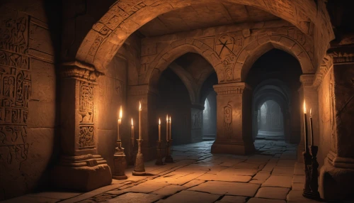 hall of the fallen,crypt,visual effect lighting,catacombs,sepulchre,medieval architecture,ambient lights,games of light,pillars,chamber,dungeon,3d render,fireplaces,the threshold of the house,dungeons,haunted cathedral,mausoleum ruins,cistern,hallway,ancient buildings,Conceptual Art,Daily,Daily 13