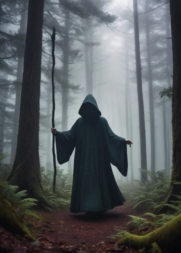 hooded man,cloak,grimm reaper,aaa,the mystical path,haunted forest,the wanderer,patrol,pilgrimage,forest man,photo manipulation,photomanipulation,sleepwalker,the forest fell,green forest,fantasy picture,wanderer,cleanup,the path,foggy forest,Illustration,Paper based,Paper Based 27