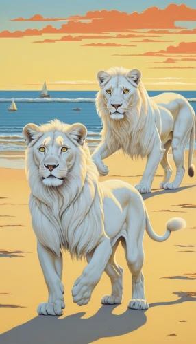 white lion family,lionesses,male lions,white lion,lions couple,lions,lion white,lion children,two lion,panthera leo,big cats,beach background,lion with cub,felidae,beach scenery,lion father,beach defence,beach landscape,lion - feline,lion,Illustration,American Style,American Style 15