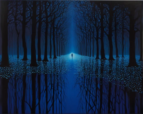 forest of dreams,enchanted forest,flooded pathway,blue painting,tree grove,blue light,night scene,underground lake,forest landscape,the mystical path,forest path,forest road,holy forest,blue moon,forest background,blue rain,forest glade,oil painting on canvas,nocturnes,tree lined path,Illustration,Abstract Fantasy,Abstract Fantasy 20