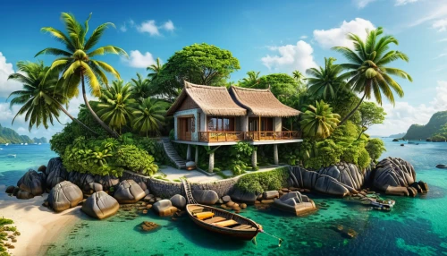 tropical house,tropical island,floating huts,holiday villa,coconut tree,coconut trees,tropical beach,seaside resort,island suspended,house by the water,seychelles,java island,south pacific,fiji,islands,an island far away landscape,coconut palms,floating islands,beach resort,islet,Photography,General,Natural