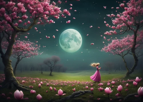 springtime background,spring background,fantasy picture,blossoming apple tree,japanese sakura background,moonlit night,fairy forest,landscape rose,pink magnolia,moonlit,spring blossom,the cherry blossoms,cherry blossom,blossom tree,magnolia blossom,sakura background,fairy world,cherry trees,rosa 'the fairy,magnolia,Illustration,Abstract Fantasy,Abstract Fantasy 01