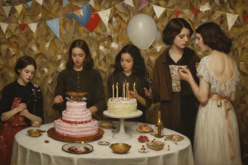 young women,thirteen desserts,birthday party,fête,celebration of witches,cake shop,oil painting on canvas,children's birthday,tea party,mulberry family,cake buffet,a party,cake stand,confection,confectioner,oil painting,the girl's face,occasions,grant wood,persian norooz,Illustration,Realistic Fantasy,Realistic Fantasy 09
