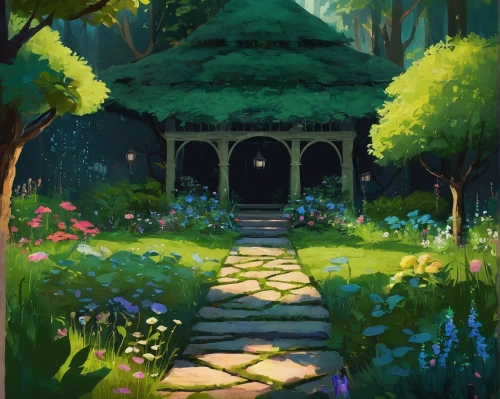 gazebo,green garden,fairy house,wishing well,dandelion hall,greenhouse,house in the forest,conservatory,lilly pond,lily pond,forest chapel,shrine,studio ghibli,fairy village,witch's house,druid grove,the garden,yellow garden,fairy forest,spring garden,Illustration,Paper based,Paper Based 12