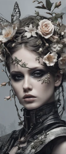 faery,elven flower,gothic fashion,wilted,dryad,girl in a wreath,faerie,the enchantress,artificial hair integrations,image manipulation,flower essences,fae,flora,mystical portrait of a girl,wild roses,girl in flowers,flower arranging,withered,landscape rose,elven,Conceptual Art,Fantasy,Fantasy 33