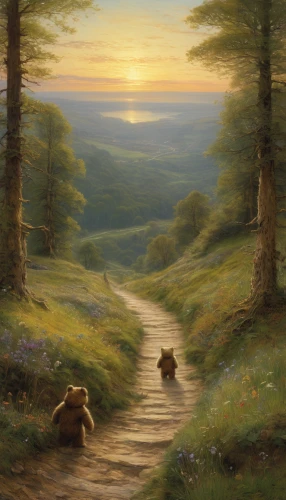 eurasier,idyll,walking dogs,landseer,leonberger,brown bears,glen of imaal terrier,cairn terrier,sussex spaniel,hare trail,norfolk terrier,forest landscape,hunting dogs,rural landscape,english shepherd,frederic church,shepherd romance,summer evening,the mystical path,meadow landscape,Art,Classical Oil Painting,Classical Oil Painting 13