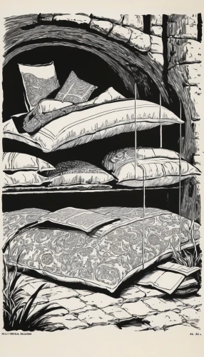 woodblock prints,cool woodblock images,woodcut,bed linen,stream bed,bed in the cornfield,olle gill,bedding,serigraphy,tent camp,mulch,charcoal nest,campsite,brook landscape,wood pile,tents,coppiced,printmaking,tent at woolly hollow,boat landscape,Illustration,Black and White,Black and White 17