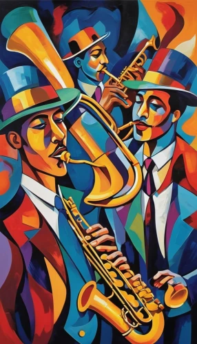 musicians,jazz,blues and jazz singer,man with saxophone,sfa jazz,jazz club,trumpet player,saxophone playing man,big band,brass band,saxophonist,saxophone player,wind instruments,street musicians,jazz it up,trombonist,trombone player,trumpeter,jazz singer,saxophone,Conceptual Art,Oil color,Oil Color 24