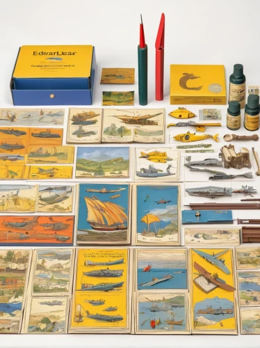tackle box,model aircraft,stamp collection,matchbox,miniatures,wooden toys,model airplane,sewing tools,art tools,vintage toys,catalog,postage stamps,philatelist,ammunition,matchsticks,cartridges,matches,wooden pegs,model kit,fishing equipment,Illustration,Retro,Retro 22