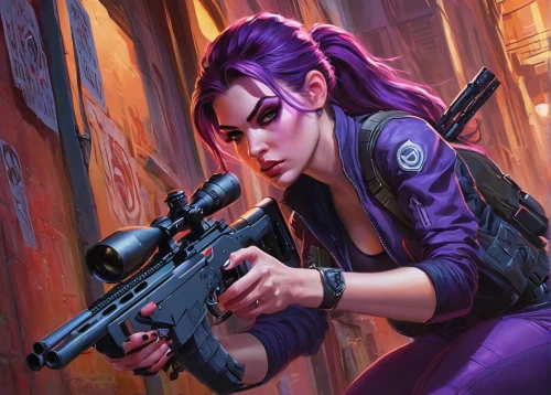 widowmaker,purple wallpaper,cg artwork,girl with gun,woman holding gun,girl with a gun,wall,renegade,purple background,operator,enforcer,raven rook,holding a gun,widow,infiltrator,ammo,purple,cyberpunk,terminator,rifle,Illustration,Paper based,Paper Based 09