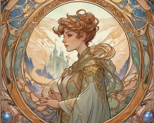 art nouveau,mucha,art nouveau frame,art nouveau design,art nouveau frames,merida,fantasy portrait,artemisia,golden wreath,cinderella,frame illustration,fantasia,fae,venetia,priestess,athena,golden crown,fairy tale character,baroque angel,frame border illustration,Illustration,Retro,Retro 08