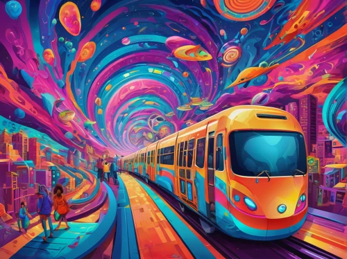 colorful city,psychedelic art,light rail,electric train,tram,light rail train,street car,sky train,tram road,train of thought,train way,psychedelic,transit,graffiti art,the train,train,south korea subway,tramway,colorful life,trains,Conceptual Art,Oil color,Oil Color 23