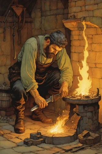 blacksmith,tinsmith,farrier,dwarf cookin,smelting,brick-making,woodworker,wood-burning stove,metalsmith,steelworker,fire artist,bricklayer,forge,masonry oven,a carpenter,candlemaker,iron pour,hearth,fire master,shoemaking,Illustration,Retro,Retro 17