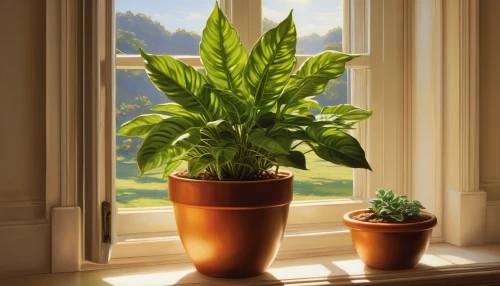 windowsill,potted plant,houseplant,window sill,potted plants,money plant,house plants,indoor plant,green plant,fern plant,green plants,terracotta flower pot,veratrum,bay window,pot plant,dark green plant,peace lilies,ginger plant,window treatment,container plant,Illustration,Realistic Fantasy,Realistic Fantasy 32