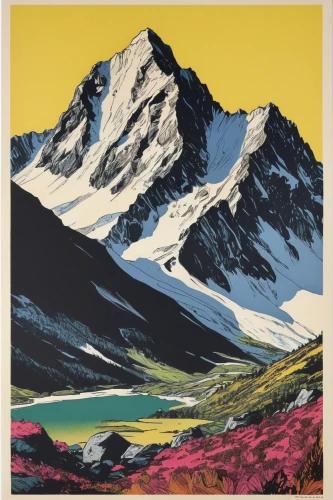 travel poster,valais,cool woodblock images,mountain scene,braque d'auvergne,matruschka,eggishorn,woodblock prints,bernina,massif,nordland,paine massif,eiger,campire,high alps,the landscape of the mountains,mountain landscape,alpine region,ortler,piz bernina,Art,Artistic Painting,Artistic Painting 22