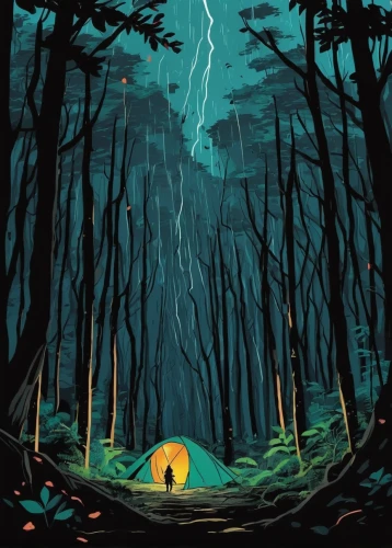 haunted forest,the forest,cartoon forest,the forest fell,forest,the forests,the woods,campfire,wilderness,campsite,forest of dreams,fireflies,digital illustration,thunderstorm,forest background,forest floor,mushroom landscape,fairy forest,in the forest,shelter,Illustration,Children,Children 06