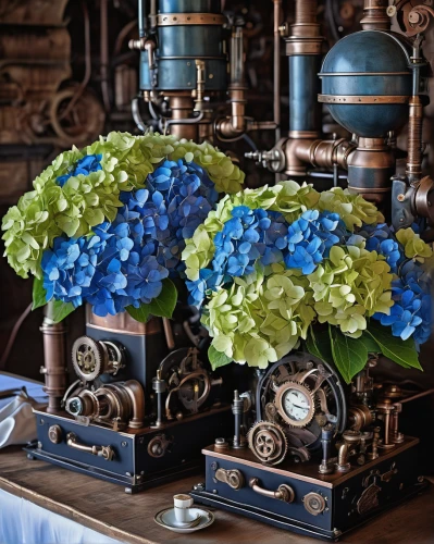 blue hydrangea,hydrangea flowers,hydrangeas,dried hydrangeas,hydrangeaceae,hydrangea,vintage flowers,steampunk gears,flower vases,funeral urns,hydrangea flower,blue flowers,steam locomotives,wedding decorations,hydrangea background,flower arrangement lying,hyacinths,artificial flowers,flower arrangement,table decoration,Conceptual Art,Fantasy,Fantasy 25