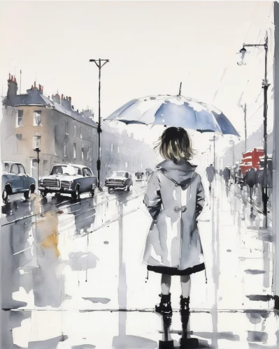 walking in the rain,light rain,in the rain,watercolor paris,rainy,rainy day,rain,raincoat,brolly,rains,rainy weather,girl walking away,man with umbrella,drizzle,raining,pedestrian,after rain,silver rain,heavy rain,little girl with umbrella,Art,Artistic Painting,Artistic Painting 24