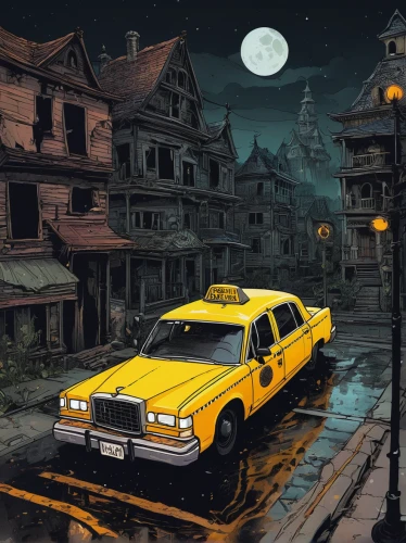 yellow taxi,taxi cab,moon car,yellow car,taxi,station wagon-station wagon,old halloween car,cab driver,new york taxi,yellow cab,ghost car,ghost car rally,night scene,abandoned car,gaz-21,halloween car,taxicabs,retro vehicle,game illustration,ford taunus,Illustration,Realistic Fantasy,Realistic Fantasy 12