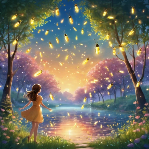 fireflies,fairy world,fairy lanterns,firefly,fairy forest,magical,fairy galaxy,fairy lights,forest of dreams,starlight,fantasia,enchanted,dream world,colorful stars,lights serenade,butterfly background,hanging stars,fairy tale,fairies,luminous,Illustration,Japanese style,Japanese Style 19