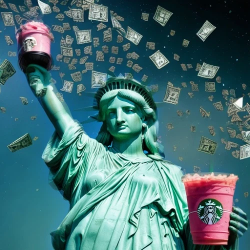 the statue of liberty,queen of liberty,lady liberty,a sinking statue of liberty,statue of liberty,usa landmarks,united states of america,liberty statue,liberty enlightening the world,liberty,caffè americano,statue of freedom,america,slurpee,berry shake,nyse,starbucks,aesthetic,americana,currant shake