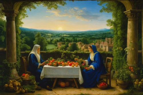 the annunciation,bellini,holy supper,vegetables landscape,nuns,adam and eve,christ feast,candlemas,garden of eden,dinner for two,romantic dinner,holy family,courtship,secret garden of venus,romantic scene,idyll,young couple,monastery garden,the order of the fields,apple harvest,Art,Classical Oil Painting,Classical Oil Painting 16