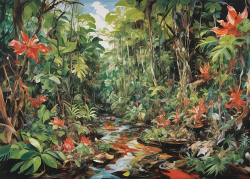 tropical bloom,tropical flowers,rainforest,mangroves,tropical jungle,palm lilies,brook landscape,ixora,cockspur coral tree,coral bush,swamp hibiscus,flowering plants,eastern mangroves,tropical chichewa,david bates,rain forest,frangipani,riparian forest,bromeliaceae,robert duncanson,Conceptual Art,Oil color,Oil Color 18