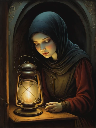 candlemaker,candlemas,fortune teller,lamplighter,fortune telling,medieval hourglass,the prophet mary,burning candle,oil lamp,praying woman,mystical portrait of a girl,candlelight,gothic portrait,sorceress,gas light,rem in arabian nights,persian poet,candlelights,divination,candle,Illustration,Abstract Fantasy,Abstract Fantasy 09