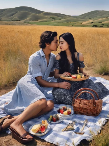 picnic,picnic basket,woman eating apple,romantic scene,shepherd romance,honeymoon,romantic dinner,suitcase in field,apple orchard,idyllic,romantic portrait,photoshop manipulation,digital compositing,dinner for two,woman holding pie,viennese cuisine,basket of apples,air new zealand,breadbasket,advertising campaigns,Illustration,Realistic Fantasy,Realistic Fantasy 07