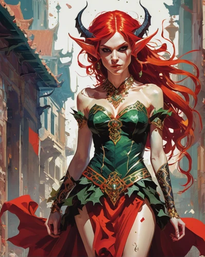 scarlet witch,fantasy woman,heroic fantasy,sorceress,the enchantress,medusa,dodge warlock,massively multiplayer online role-playing game,red chief,fae,taurus,medusa gorgon,devil,celtic queen,fire siren,huntress,priestess,lady in red,oracle girl,detail shot,Conceptual Art,Oil color,Oil Color 07