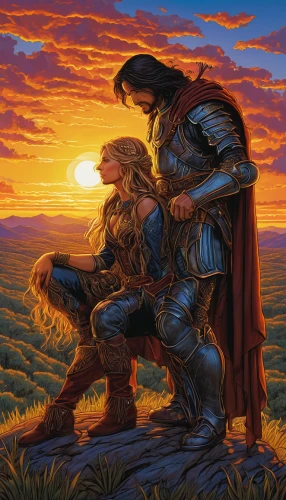 shepherd romance,kneeling,lions couple,warrior and orc,heroic fantasy,lion father,loving couple sunrise,fantasy picture,protectors,romantic scene,lover's grief,embrace,companion dog,companionship,golden sun,idyll,game illustration,young couple,guards of the canyon,cg artwork,Illustration,American Style,American Style 01