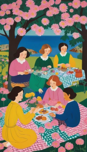 picnic,picnic basket,family picnic,placemat,sewing pattern girls,women at cafe,jigsaw puzzle,sewing silhouettes,quilting,tablecloth,tea party,picnic table,garden party,knitting,picnic boat,woman holding pie,quilt,fabric painting,food collage,ladies group,Art,Artistic Painting,Artistic Painting 38