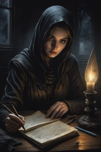 girl studying,scholar,mystical portrait of a girl,librarian,candlemaker,magic grimoire,sci fiction illustration,gothic portrait,writing-book,spell,divination,night administrator,tutor,sorceress,fantasy portrait,child with a book,magic book,dark portrait,author,dark art,Illustration,Paper based,Paper Based 02