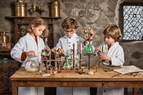 natural scientists,science education,potions,children studying,newton's cradle,formula lab,creating perfume,scientific instrument,candlemaker,laboratory,science fair,chemical laboratory,children learning,distillation,chemist,reagents,researchers,laboratory equipment,homeopathically,laboratory information,Illustration,Realistic Fantasy,Realistic Fantasy 42