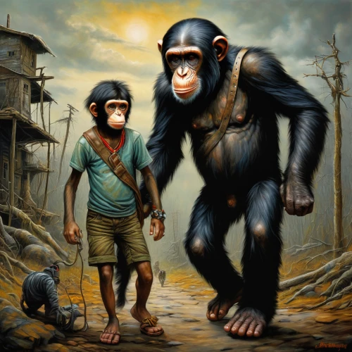 great apes,monkey island,primates,chimpanzee,monkeys band,monkey gang,monkey family,common chimpanzee,human evolution,monkeys,chimp,primate,anthropomorphized animals,game illustration,monkey with cub,ape,neanderthals,war monkey,the monkey,monkey soldier,Illustration,Realistic Fantasy,Realistic Fantasy 34