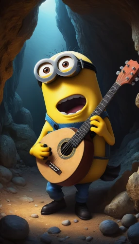 minions guitar,dancing dave minion,minion tim,minion,minions,singing sand,sing,singing,serenade,cavaquinho,musician,guitor,despicable me,minion hulk,cute cartoon character,backing vocalist,buskin,to sing,musicians,guitarist,Illustration,Realistic Fantasy,Realistic Fantasy 18