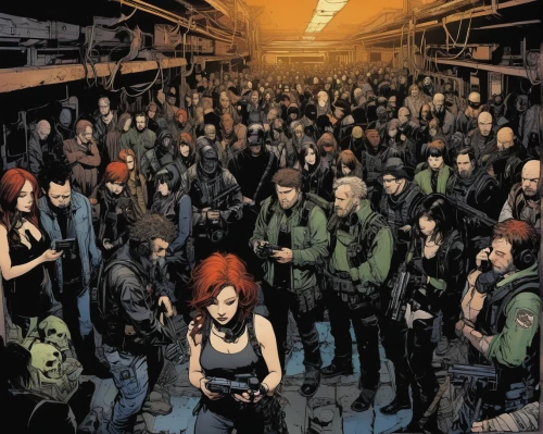 crowded,marvel comics,clary,crowds,bottleneck,crowd of people,concert crowd,post-apocalypse,crowd,post apocalyptic,the crowd,comic characters,massively multiplayer online role-playing game,greenhouse cover,comic books,new years day,birds of prey-night,the walking dead,redheads,comic book bubble,Illustration,American Style,American Style 06