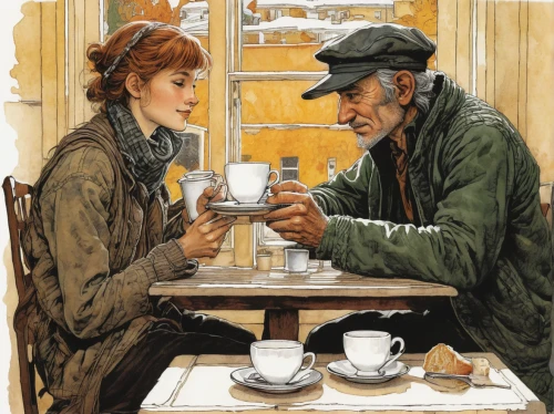 parisian coffee,woman drinking coffee,café au lait,woman at cafe,french coffee,drinking coffee,coffee tea illustration,paris cafe,the coffee shop,conversation,café,tea drinking,vintage man and woman,tearoom,watercolor cafe,coffee break,old couple,cafe,coffee with milk,coffee time,Conceptual Art,Daily,Daily 09